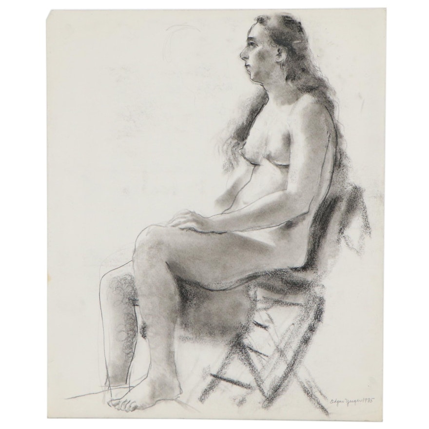 Edgar Yaeger Charcoal Drawing of Seated Female Nude, 1985