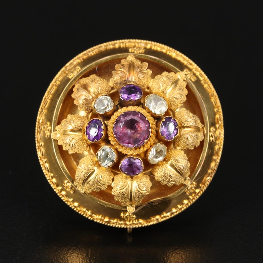 Early Victorian 14K Amethyst and Spinel Foliate Mourning Brooch with Watch Hook