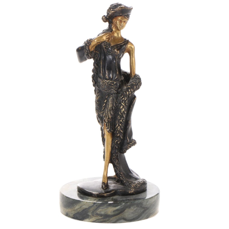 Brass Sculpture after Louis Icart of Female Figure