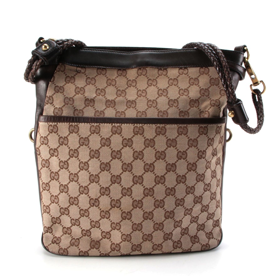 Gucci Crossbody with Braided Strap in GG Canvas and Brown Leather