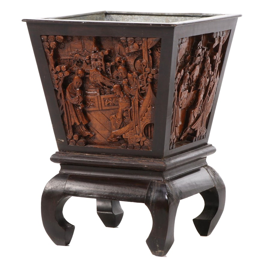 Chinese Carved Hardwood Jardinière-on-Stand