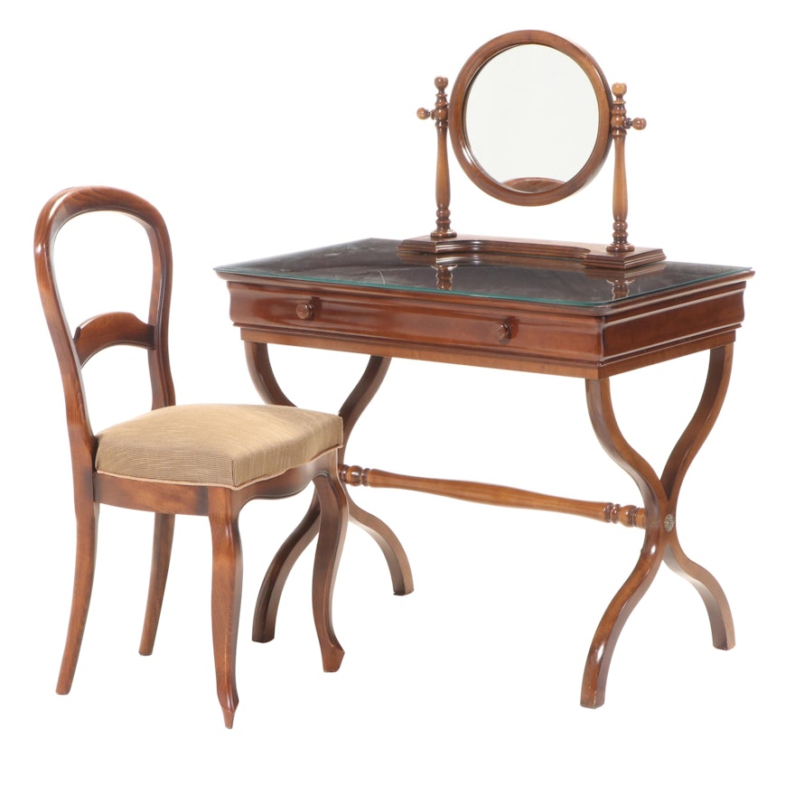 Grange France Walnut Curule Dressing Table with Chair, Mid to Late 20th Century