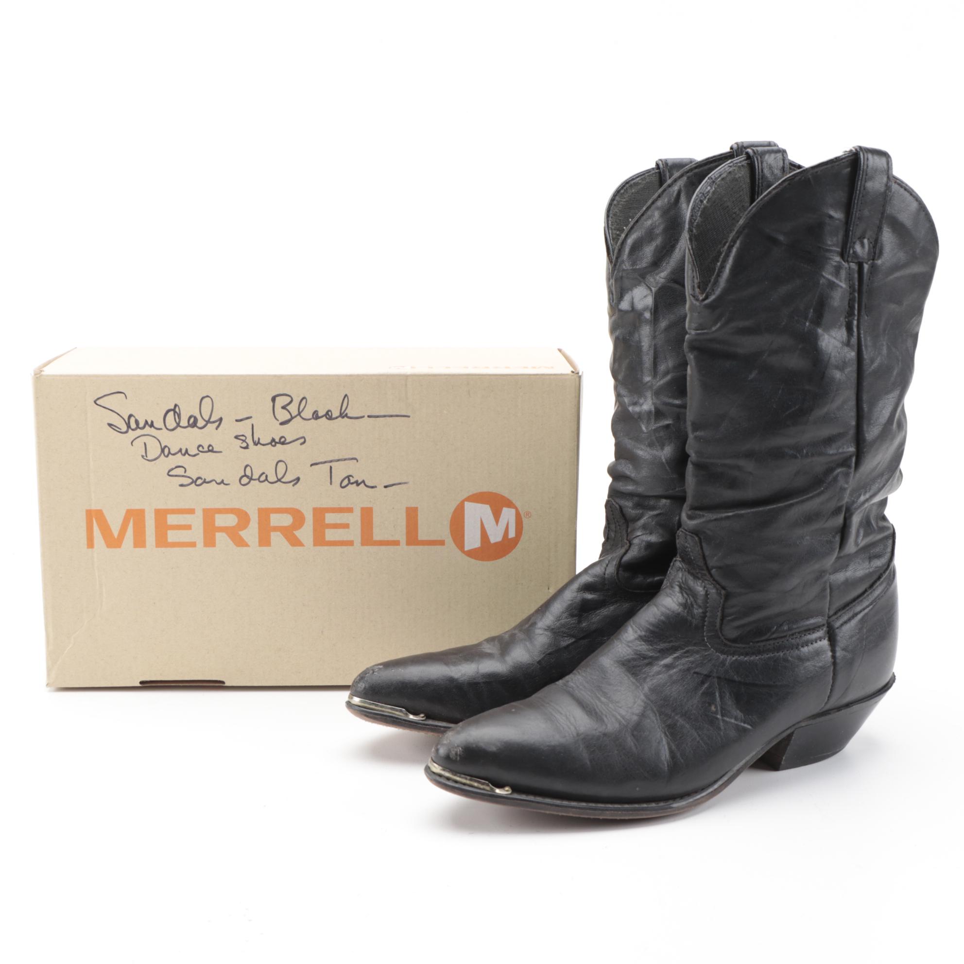 Laredo Black Leather Mid-Calf Toe Strap Boots with Merrell Shoe Box