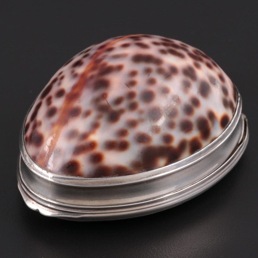 English Sterling Silver-Mounted Cowrie Shell Snuff Box, Late 18th Century