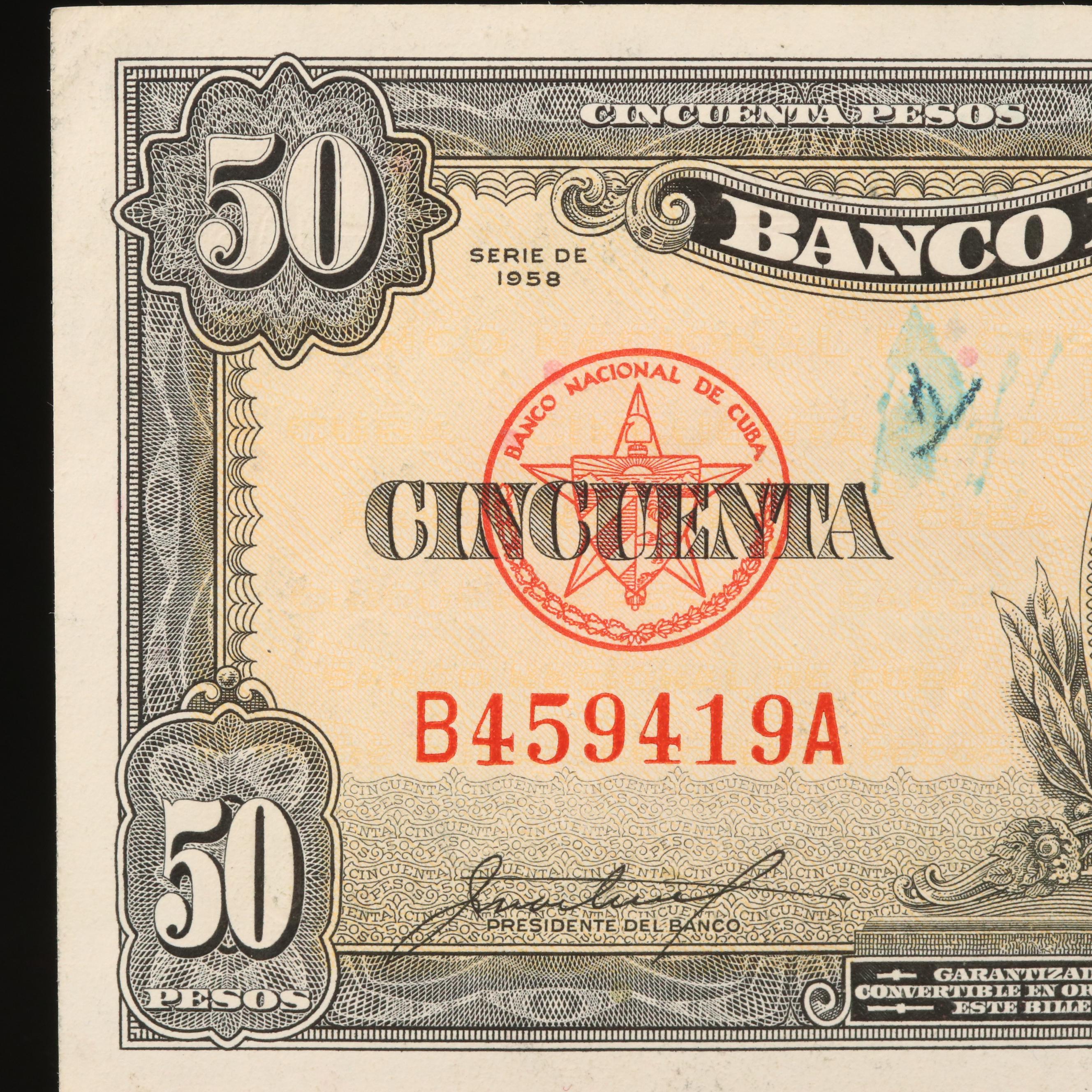 1958 Cuba (Banco Nacional de Cuba) 50 Peso Banknote