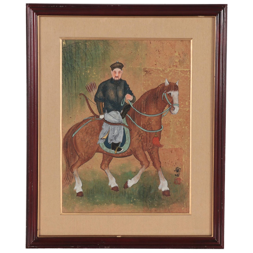 Chinese Gouache Painting on Cork of a Bowman on Horseback