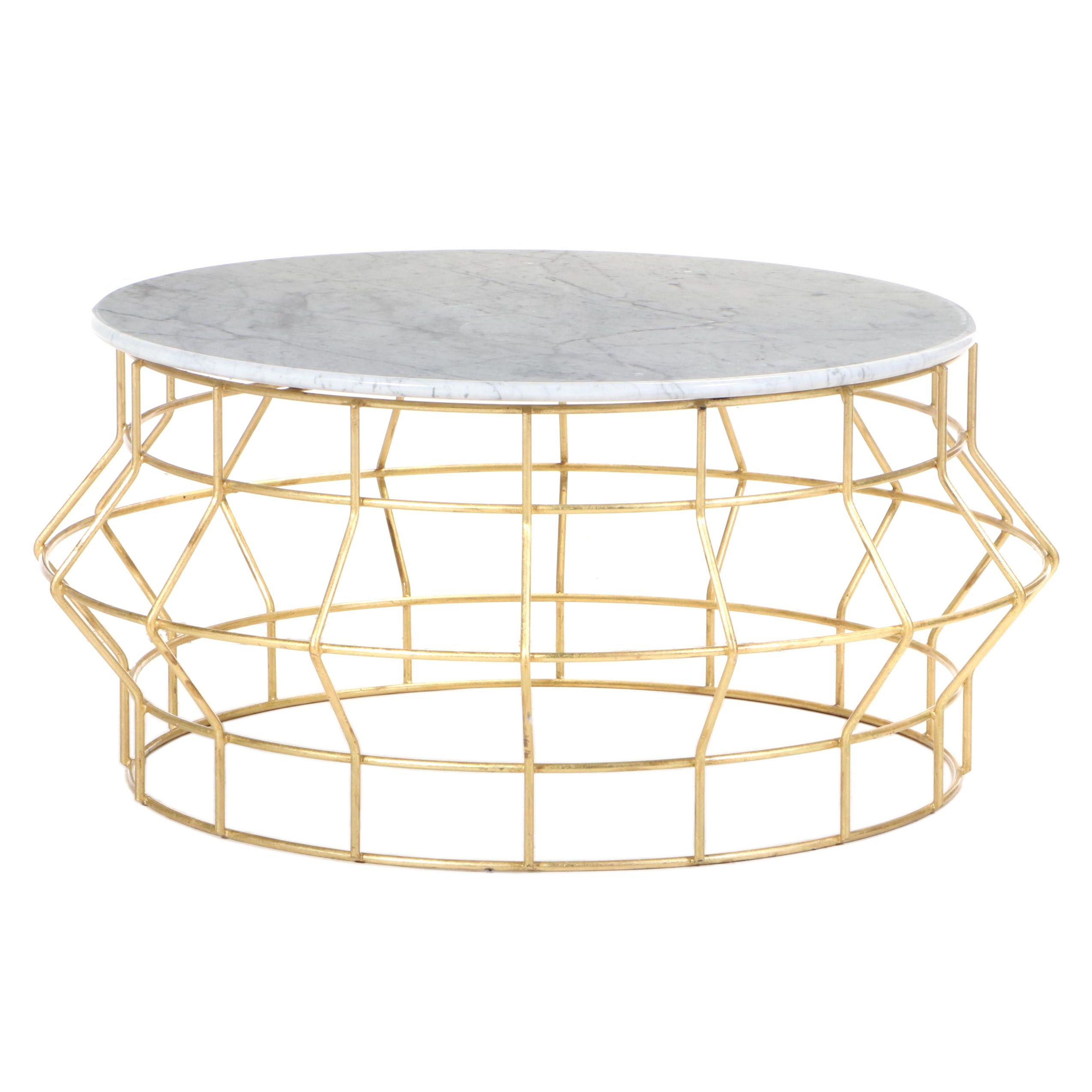 Contemporary Round Gold Painted Coffee Table with Marble Top