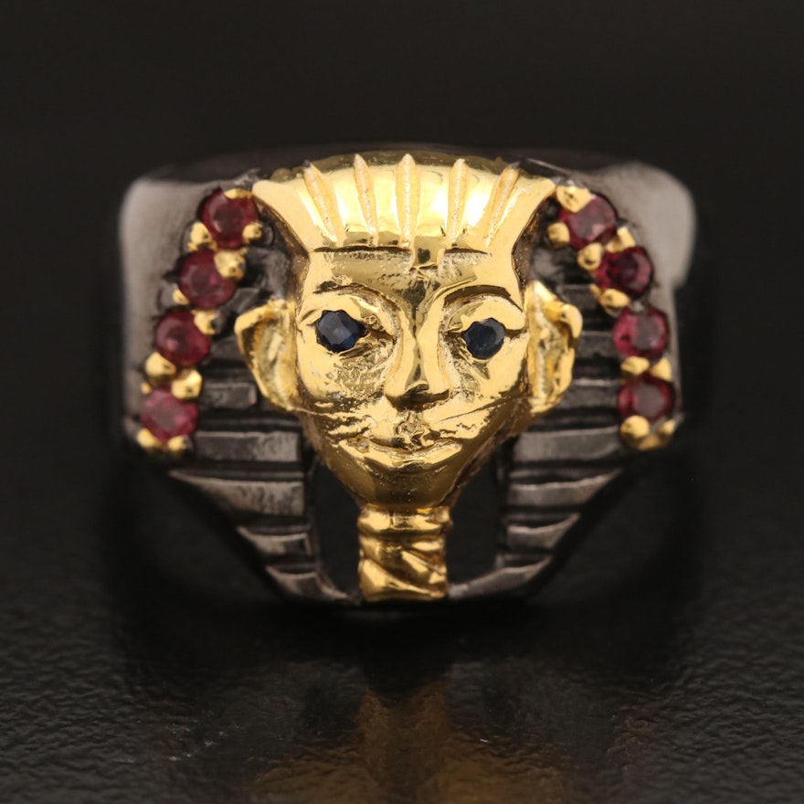 Sterling Pharaoh Ring with Rhodolite Garnet and Sapphire