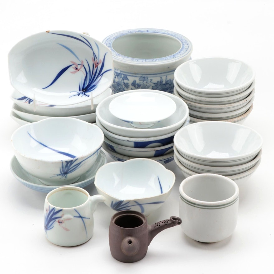 East Asian Blue and White Ceramic Dishes with Chinese Jardinière and More