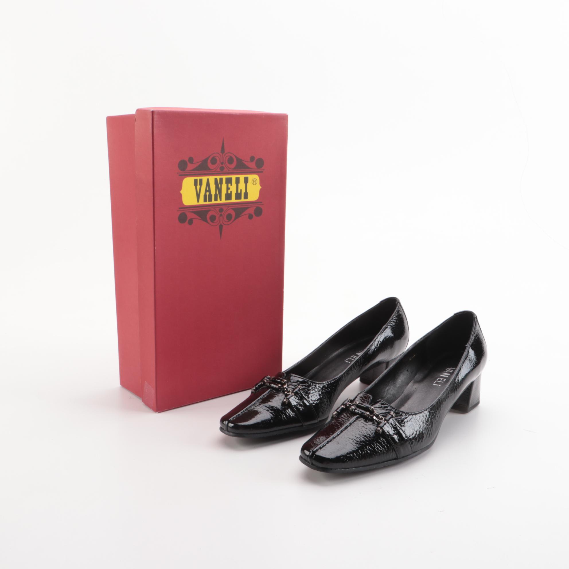 Vaneli Rigmora Black Patent Leather Block Heel Pumps with Box