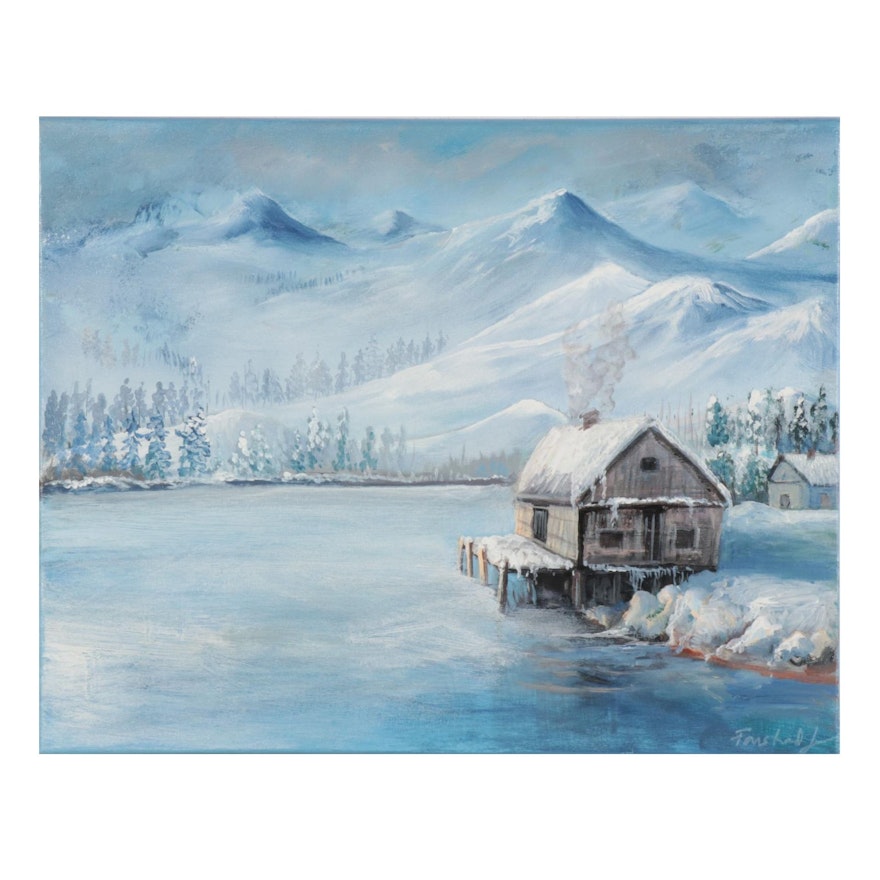 Farshad Lanjani Acrylic Painting of Lakeside Cabin in Winter, 21st Century