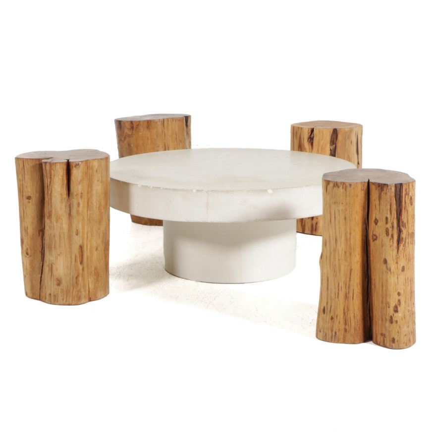 Poured Cement Cocktail Table with Four Cedar Stump Stools, 20th Century