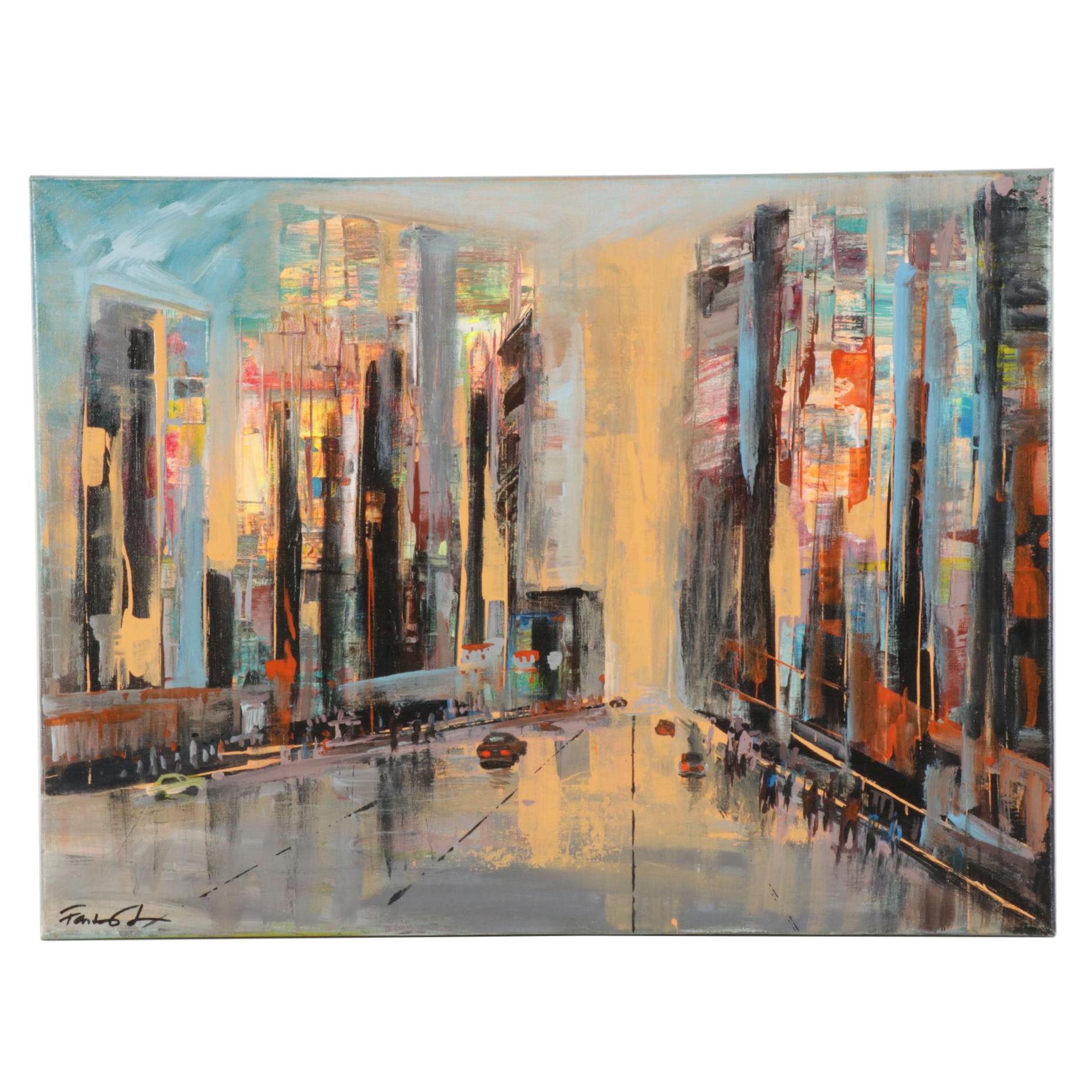Farshad Lanjani Acrylic Painting of City Street at Sunset, 21st Century