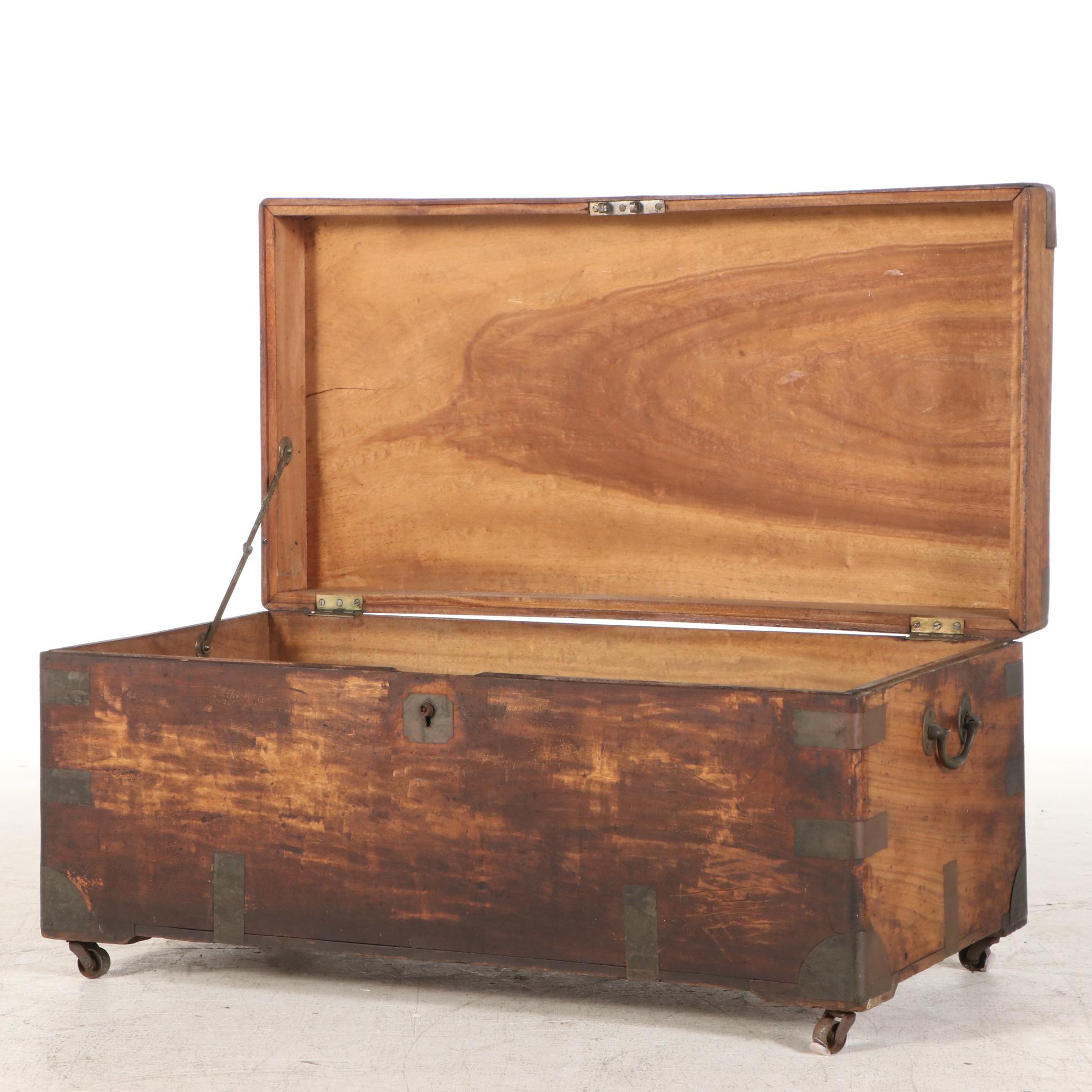 Rustic Style Wooden Metal Clad Lift-Top Chest / Coffee Table, 20th Century