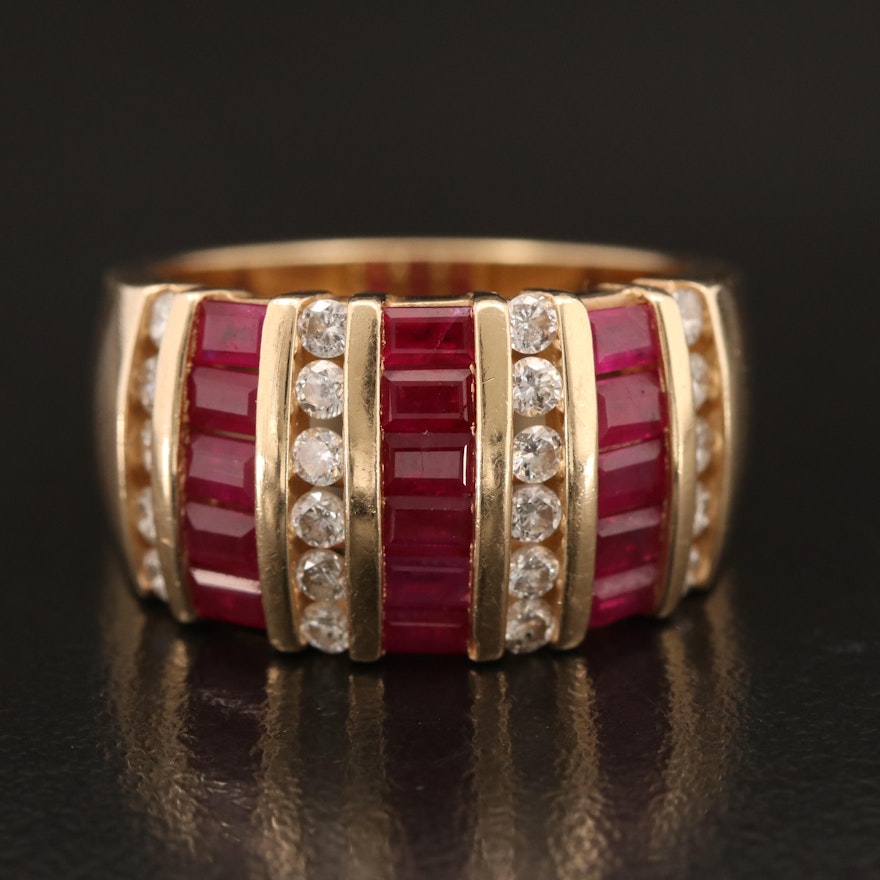 14K Channel Set Diamond and Ruby Tapered Band