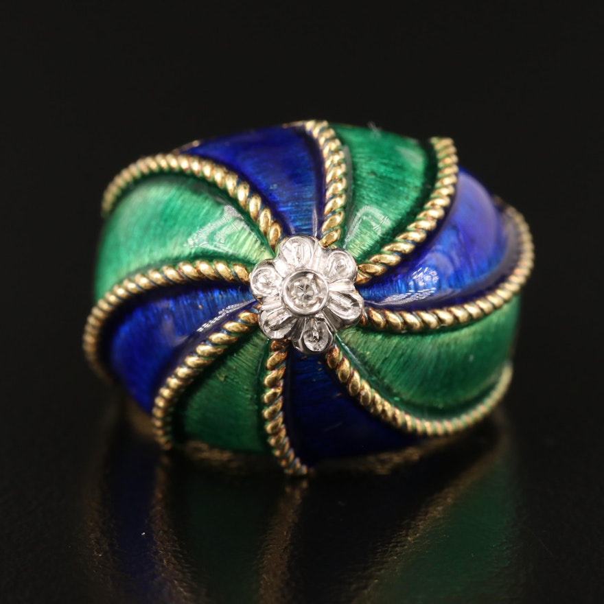 1960s Enamel Bombé Ring in 18K with Diamond and Braided Accents