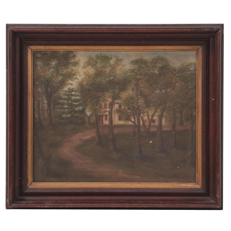 Landscape Oil Painting with House, Early 20th Century