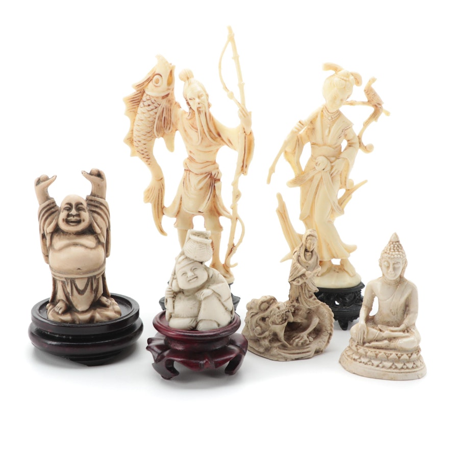 East Asian Style Cast Resin Folk Characters and Deities, Mid-Late 20th Century