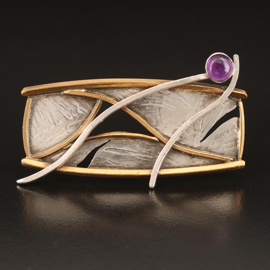 Vintage Donna McAfee "Bridges" Sterling and Bronze Amethyst Brooch