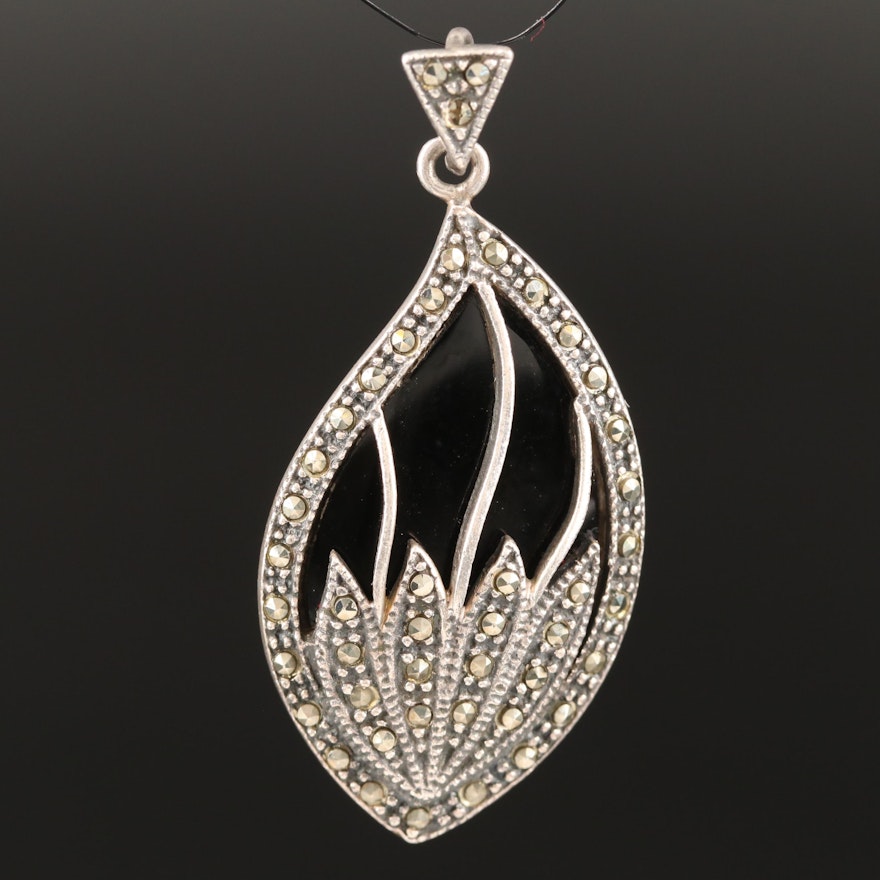 Sterling Black Onyx and Marcasite Pendant