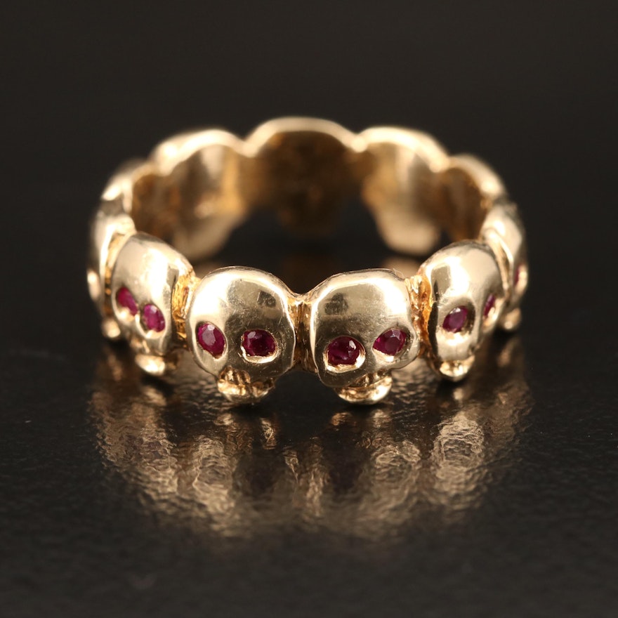 14K Skull Eternity Band with Ruby Eye Accents