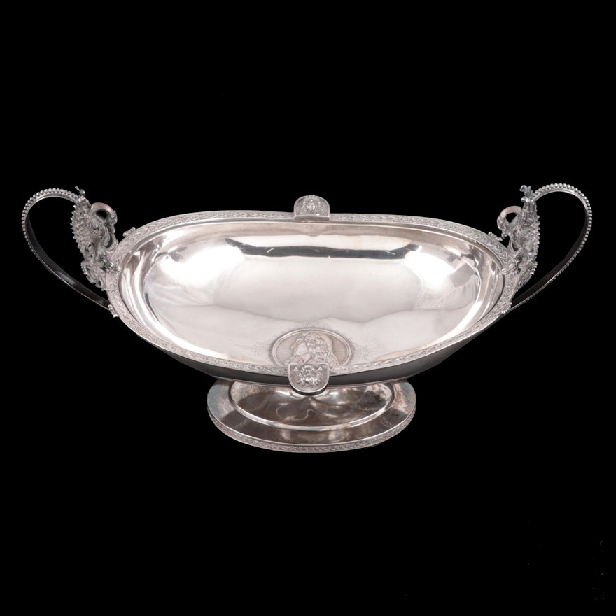 Wood & Hughes Coin Silver Medallion Centerpiece Bowl with Swan Handles