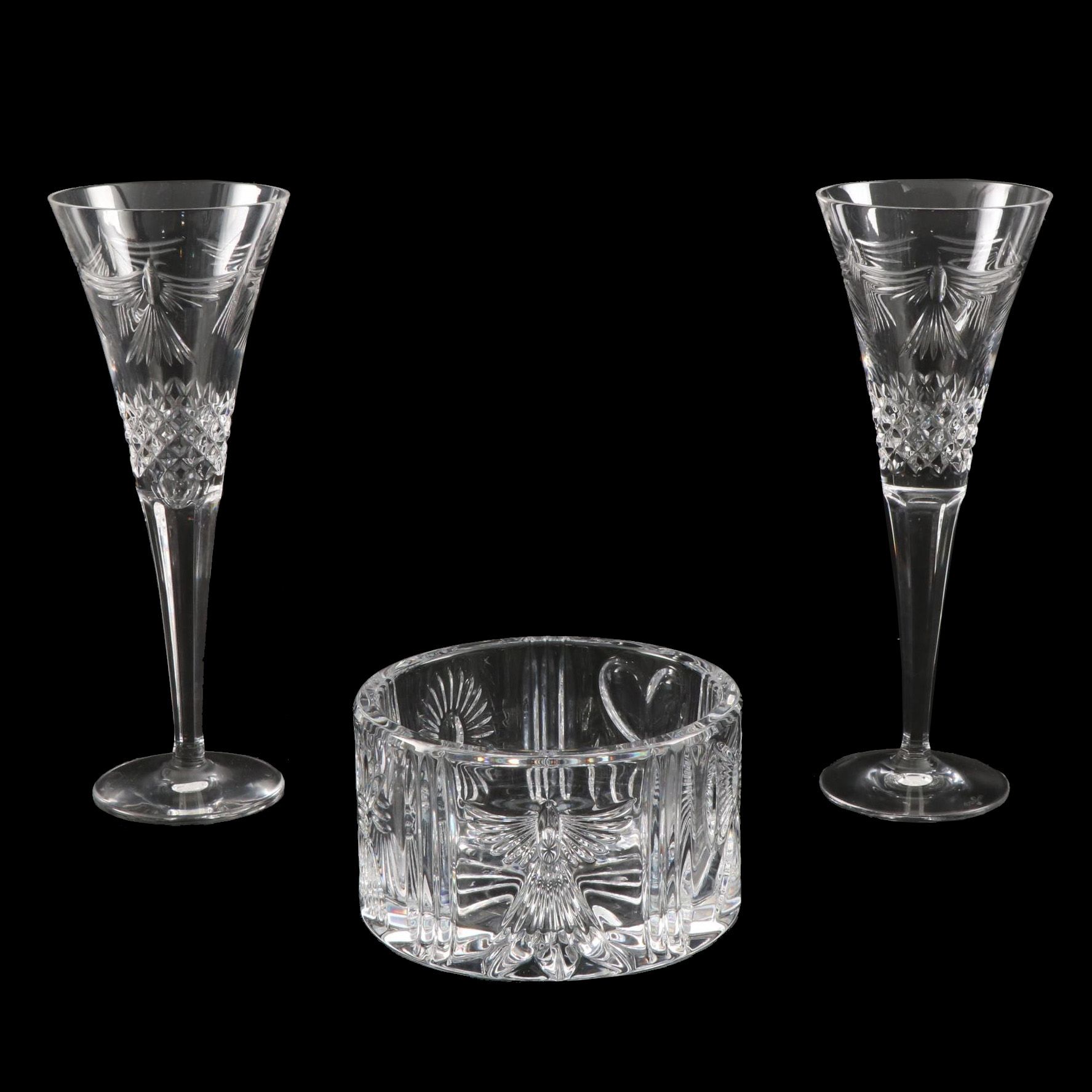 Waterford "Peace" Millennium Series Crystal Champagne Flutes and Bowl