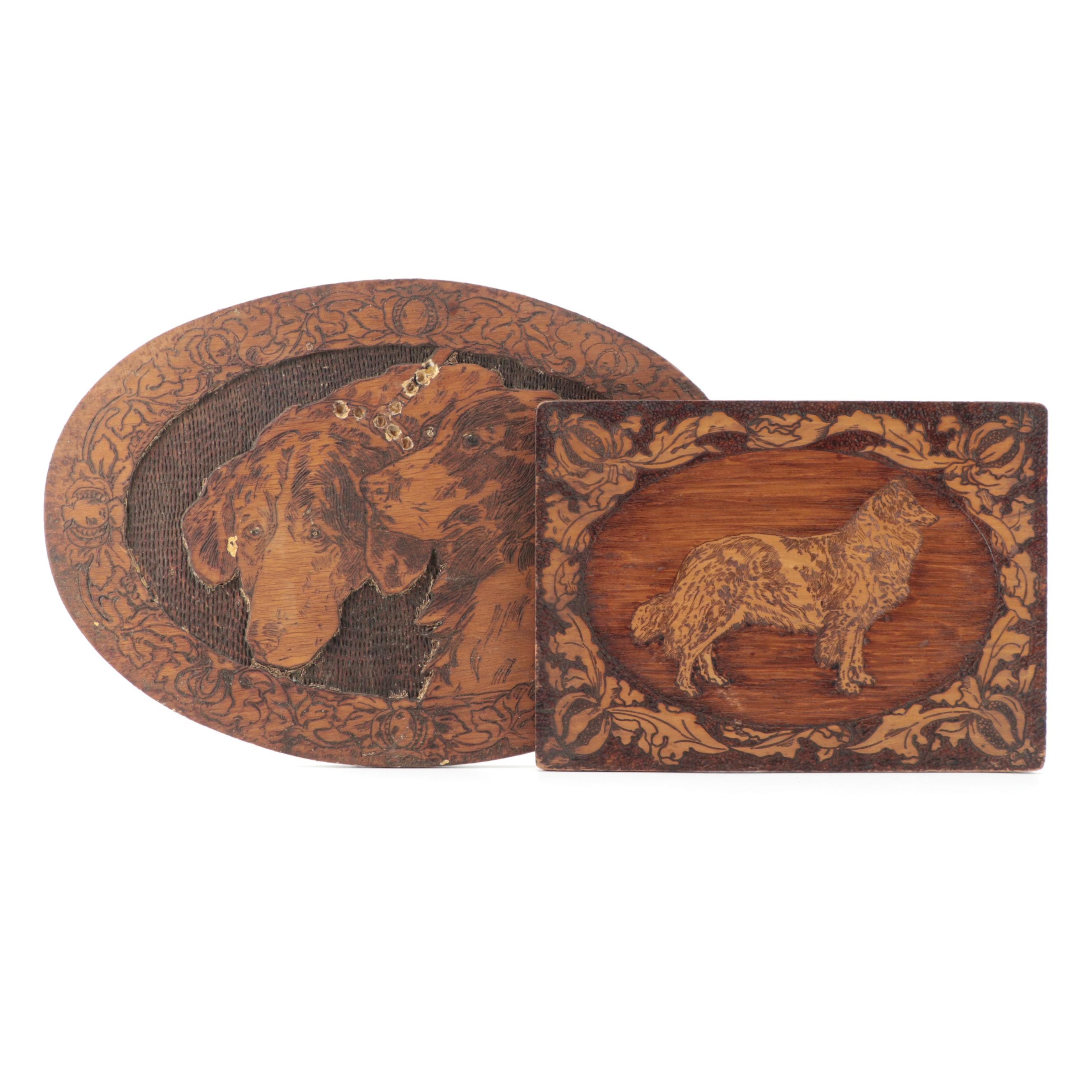 Flemish Art Co. Pyrography and Stained Wood Plaques with Dog Motif