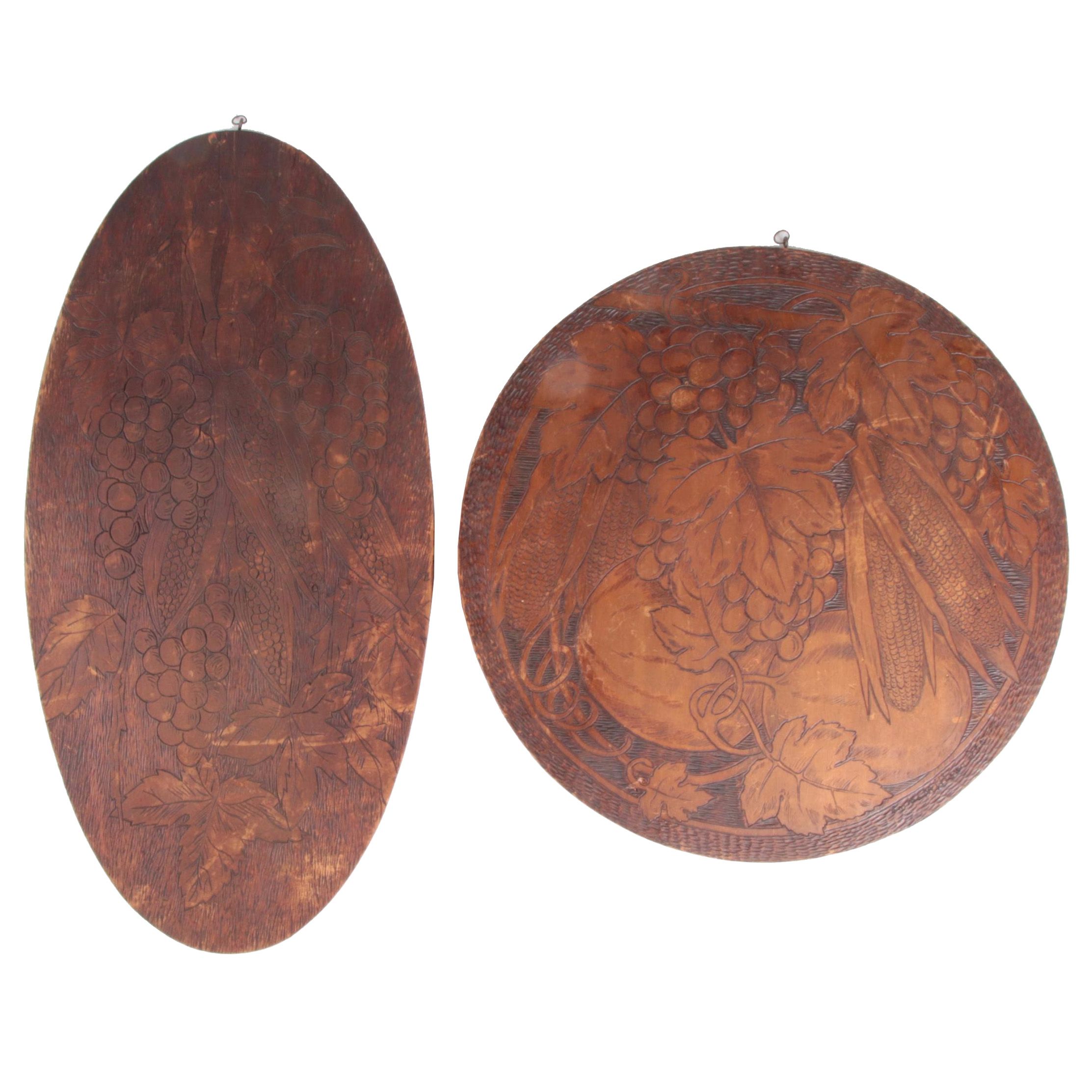 Flemish Art Co. Pyrography Wood Wall Hangings with Grape Vine and Harvest Motif