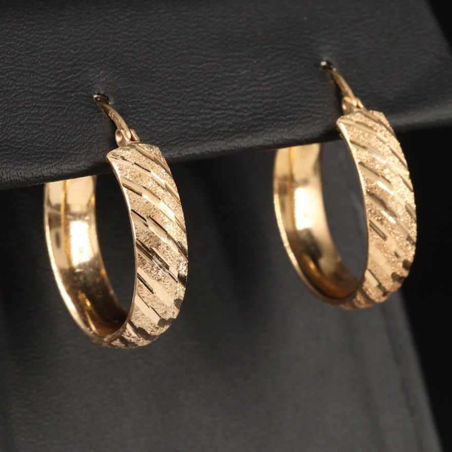 14K Diagonal Diamond Cut Hoop Earrings