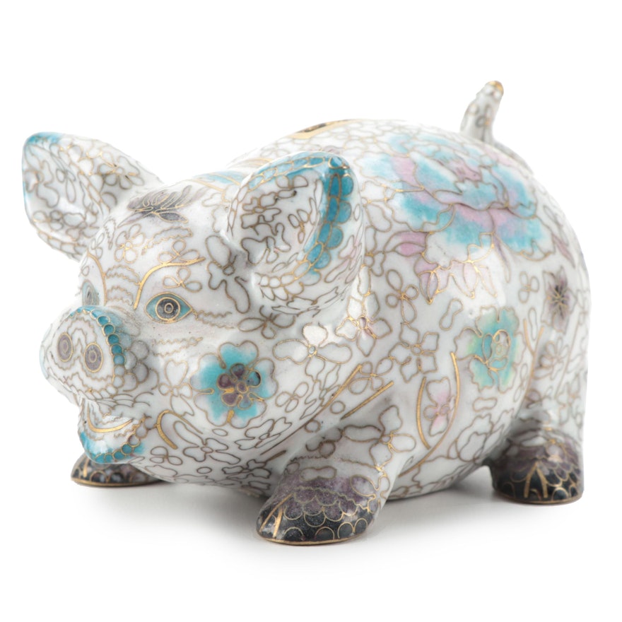 Cloisonne Enameled Floral Motif Piggy Bank