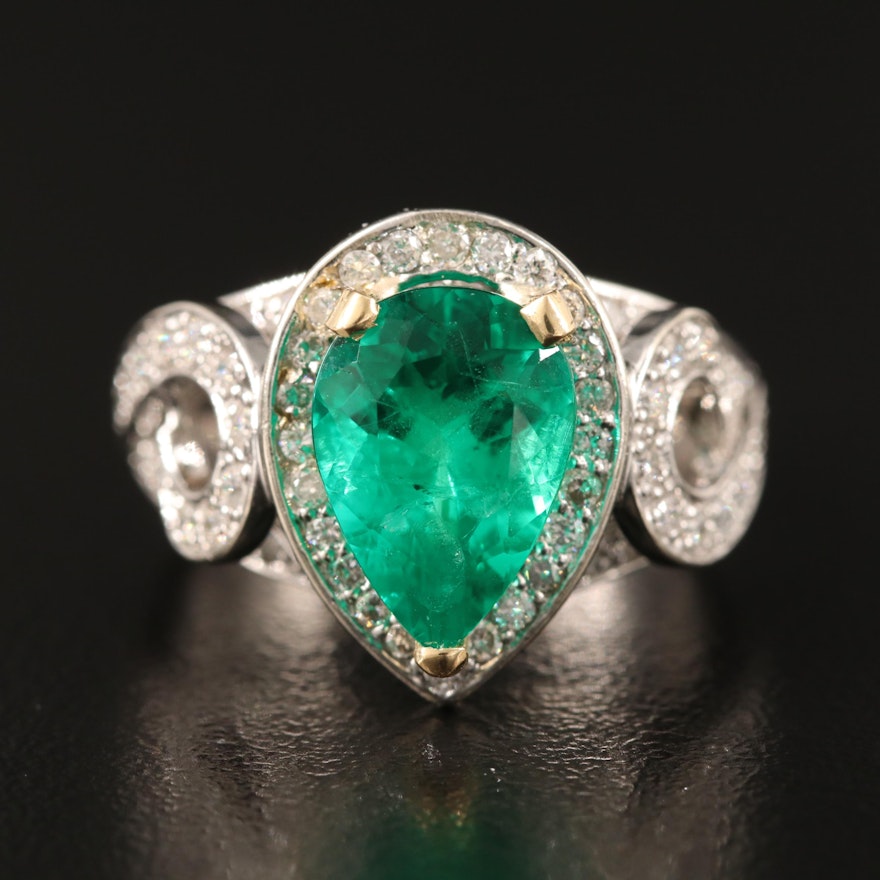 14K 1.90 CT Emerald and Teardrop Diamond Ring with GIA Report