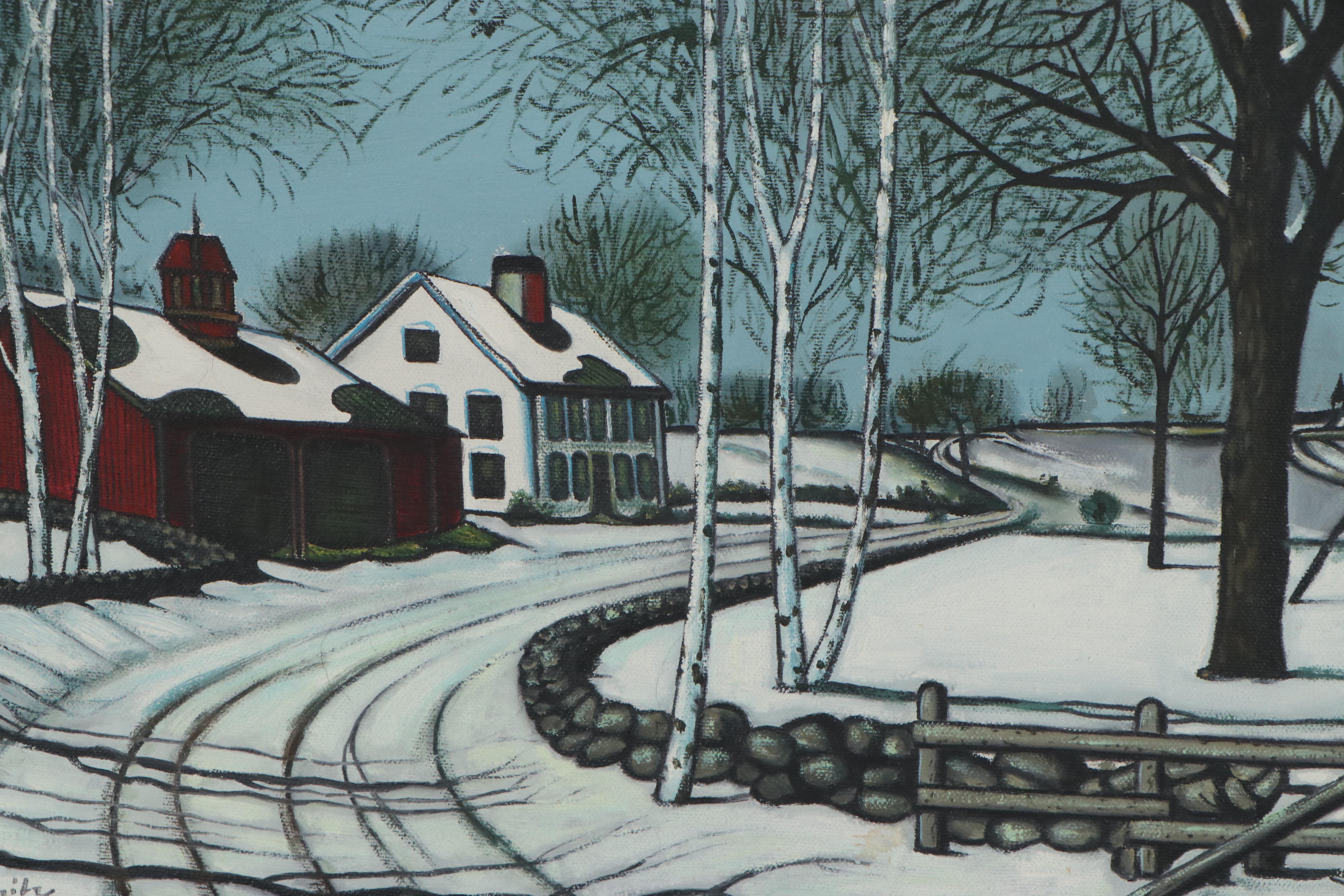 Winter Farm Scene Acrylic Painting, Late 20th Century