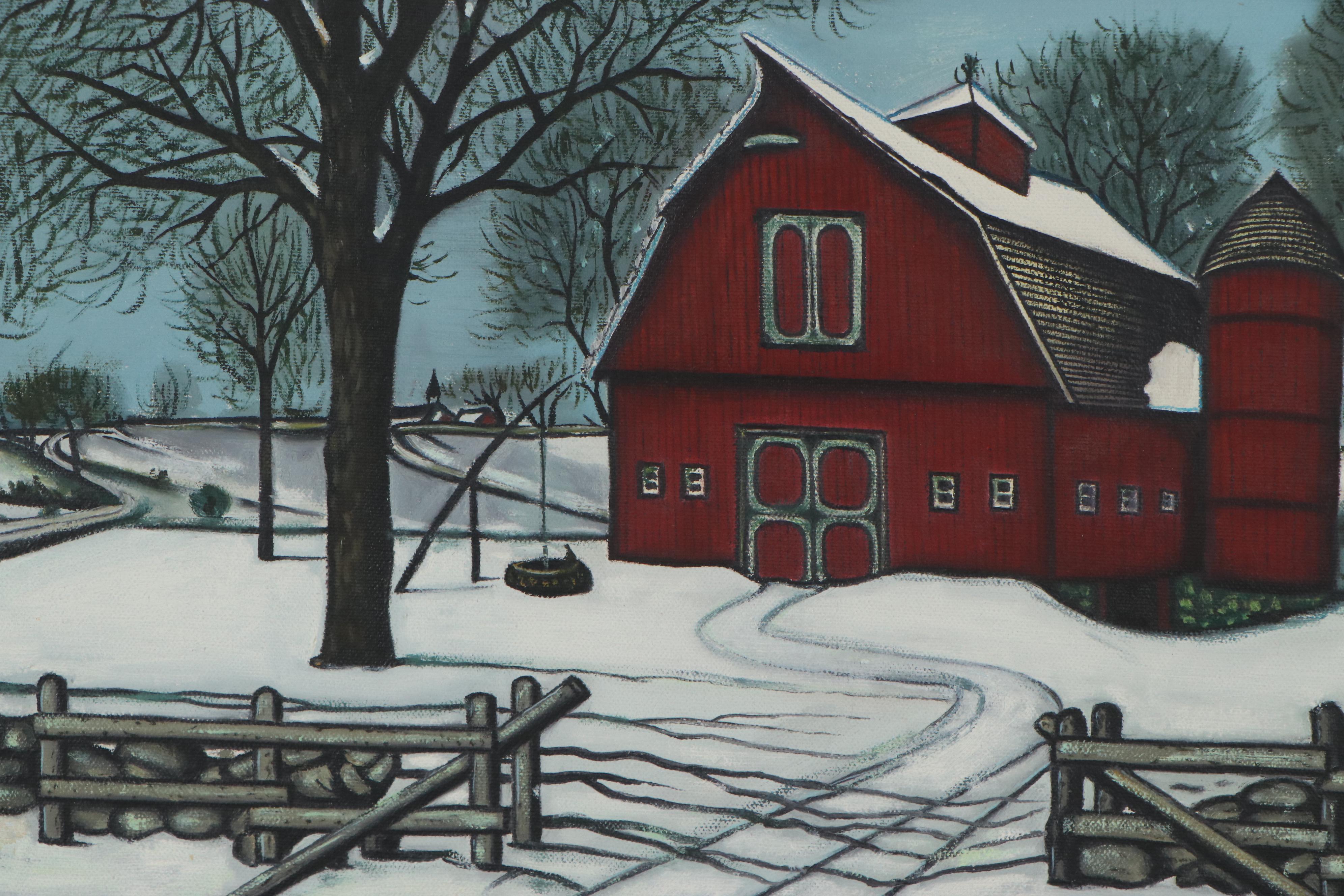 Winter Farm Scene Acrylic Painting, Late 20th Century