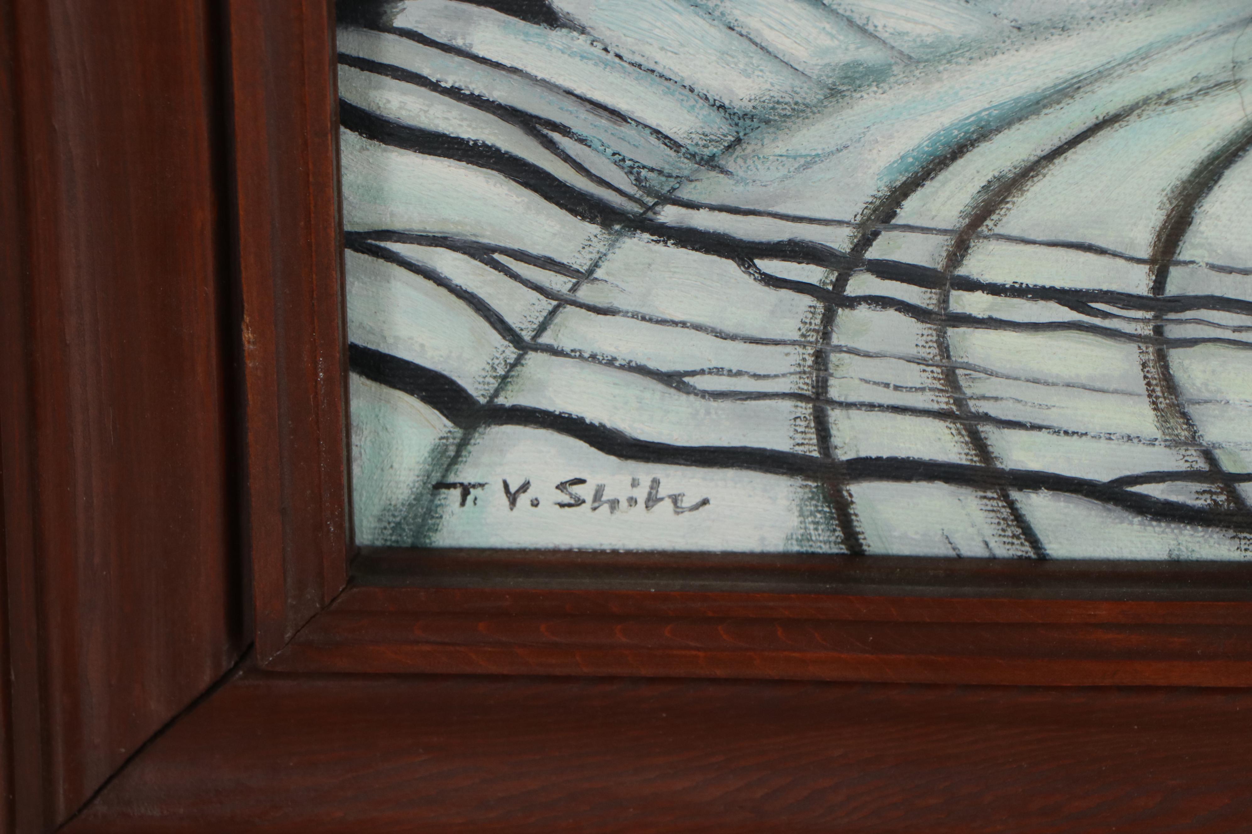 Winter Farm Scene Acrylic Painting, Late 20th Century