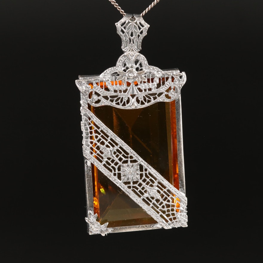 Art Deco Orange Glass Filigree Pendant Necklace