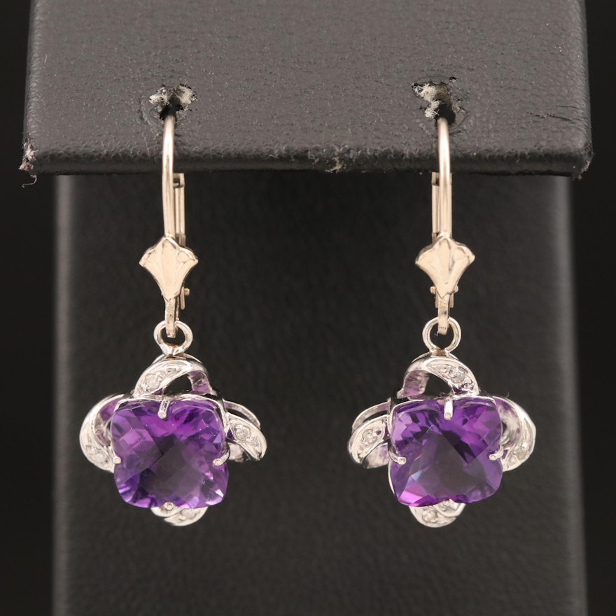 14K Amethyst and Diamond Quatrefoil Drop Earrings