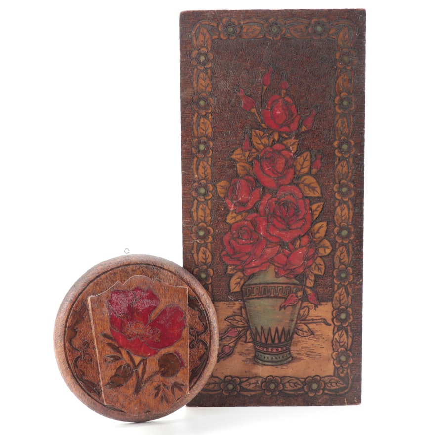 Flemish Art Co. Pyrographic Rose Bouquet Wall Plaque with Whisk Broom Holder