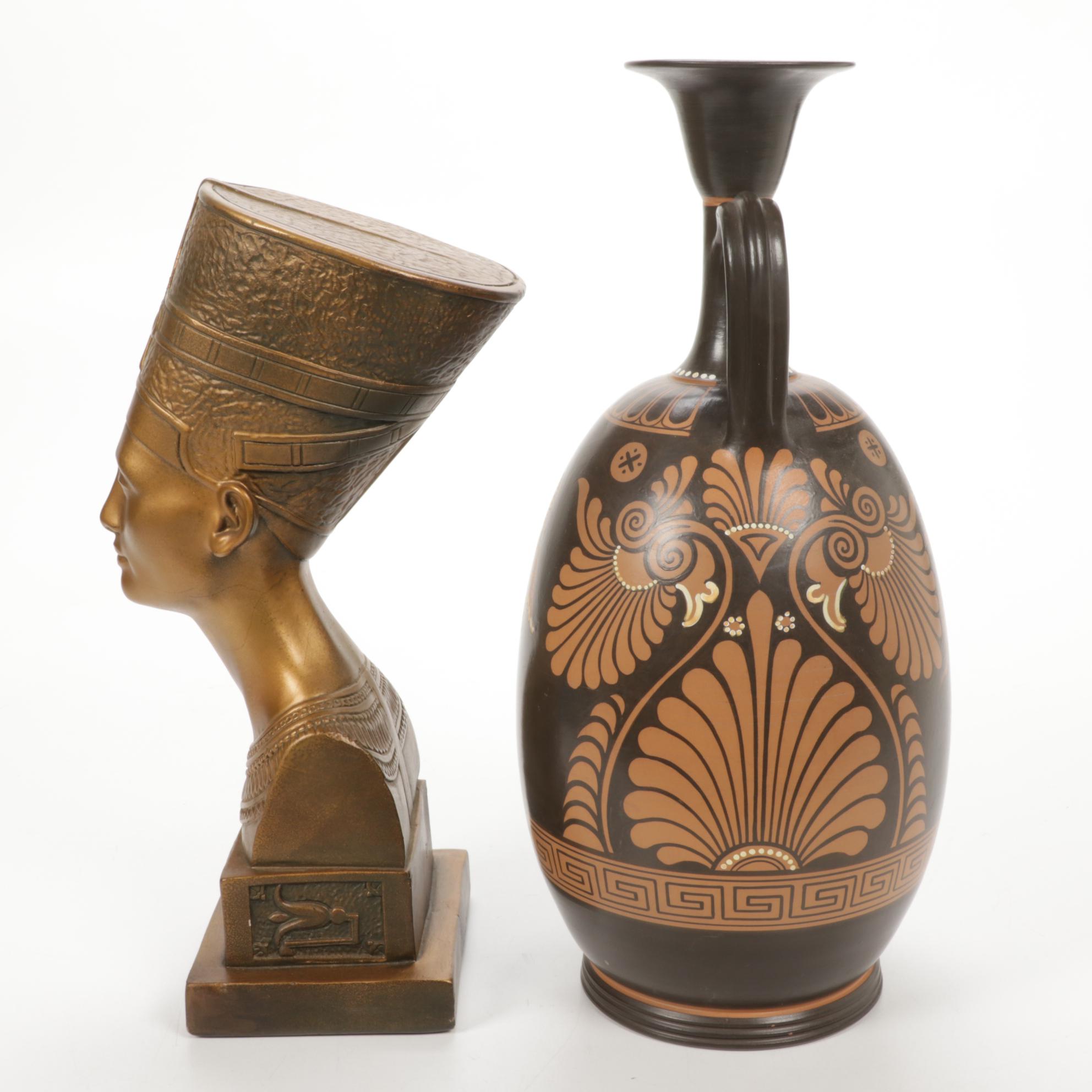 Marwal Industries Nefertiti Bust with Handpainted Urn with Greek Motif