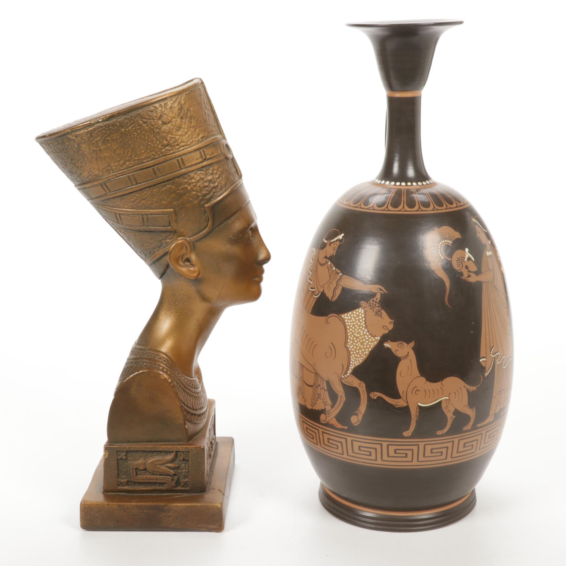 Marwal Industries Nefertiti Bust with Handpainted Urn with Greek Motif