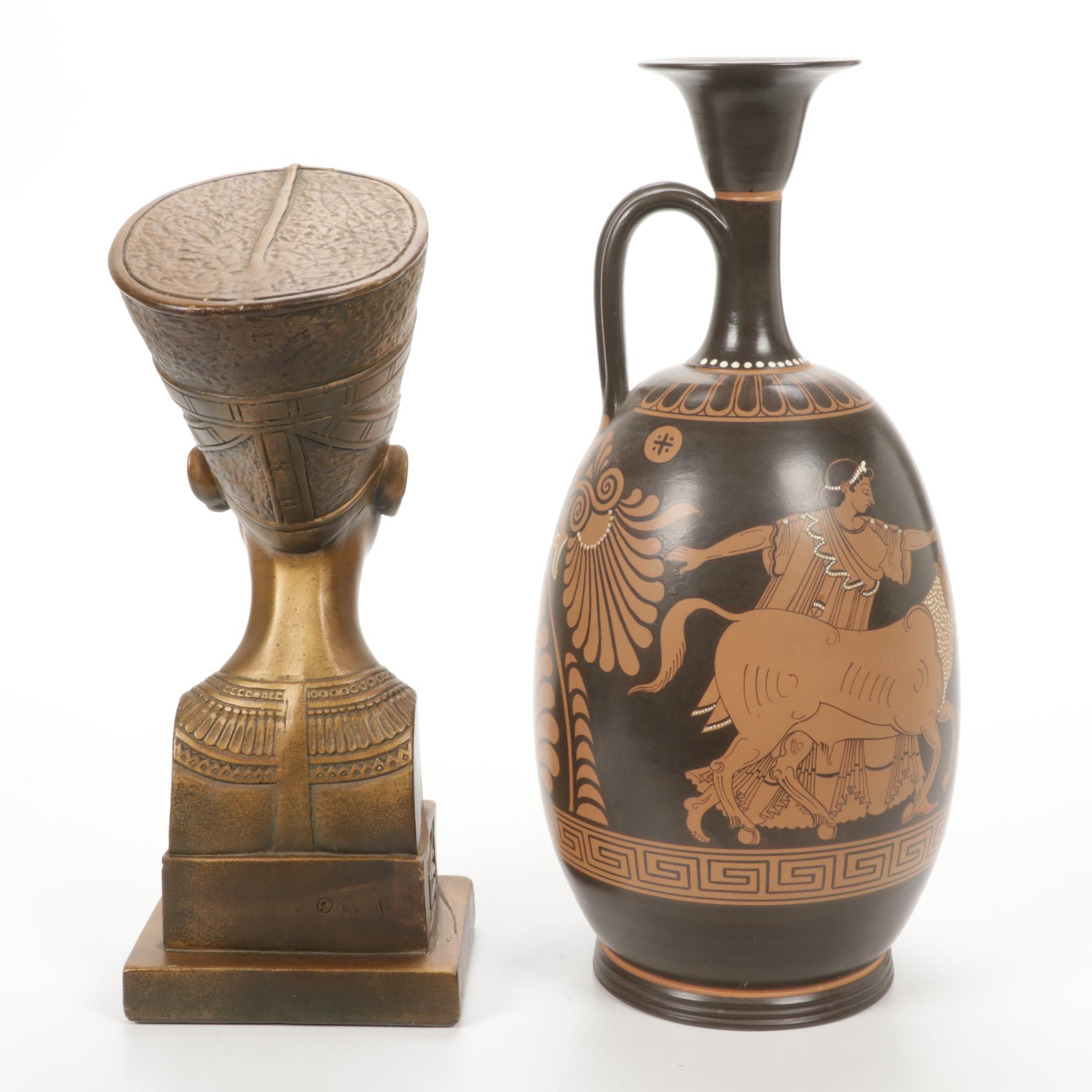 Marwal Industries Nefertiti Bust with Handpainted Urn with Greek Motif