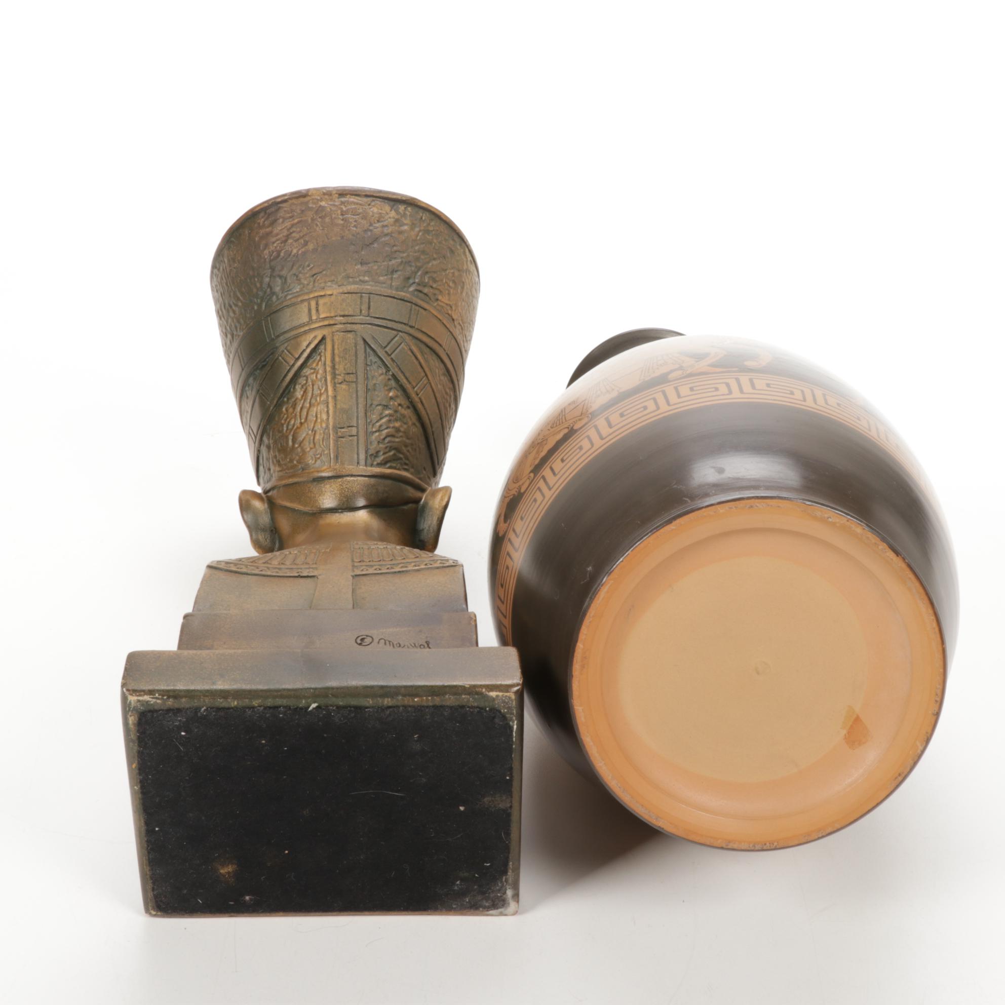 Marwal Industries Nefertiti Bust with Handpainted Urn with Greek Motif