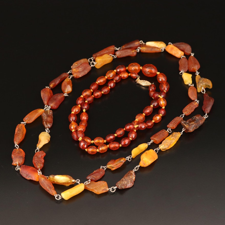 Freeform Amber and Graduated Copal Bead Necklaces with 14K Clasp