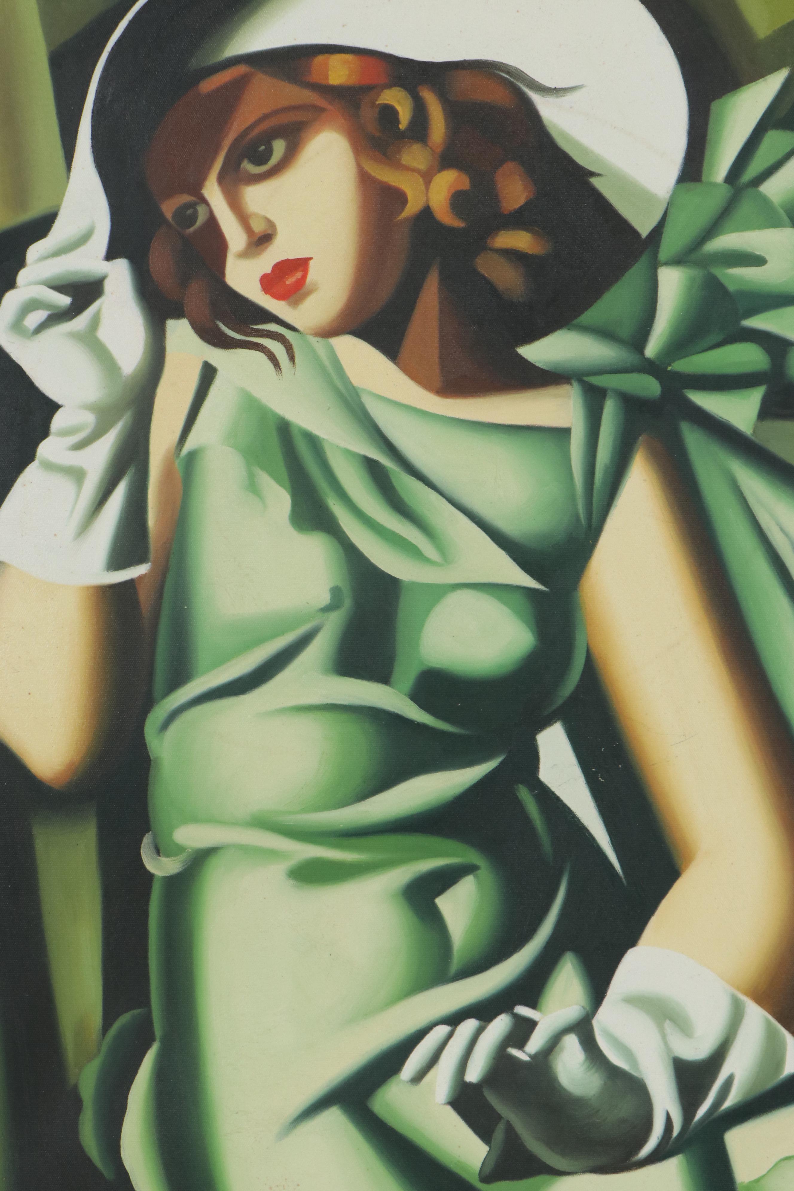 Oil Painting after Tamara de Lempicka of Woman in Green, circa 2000