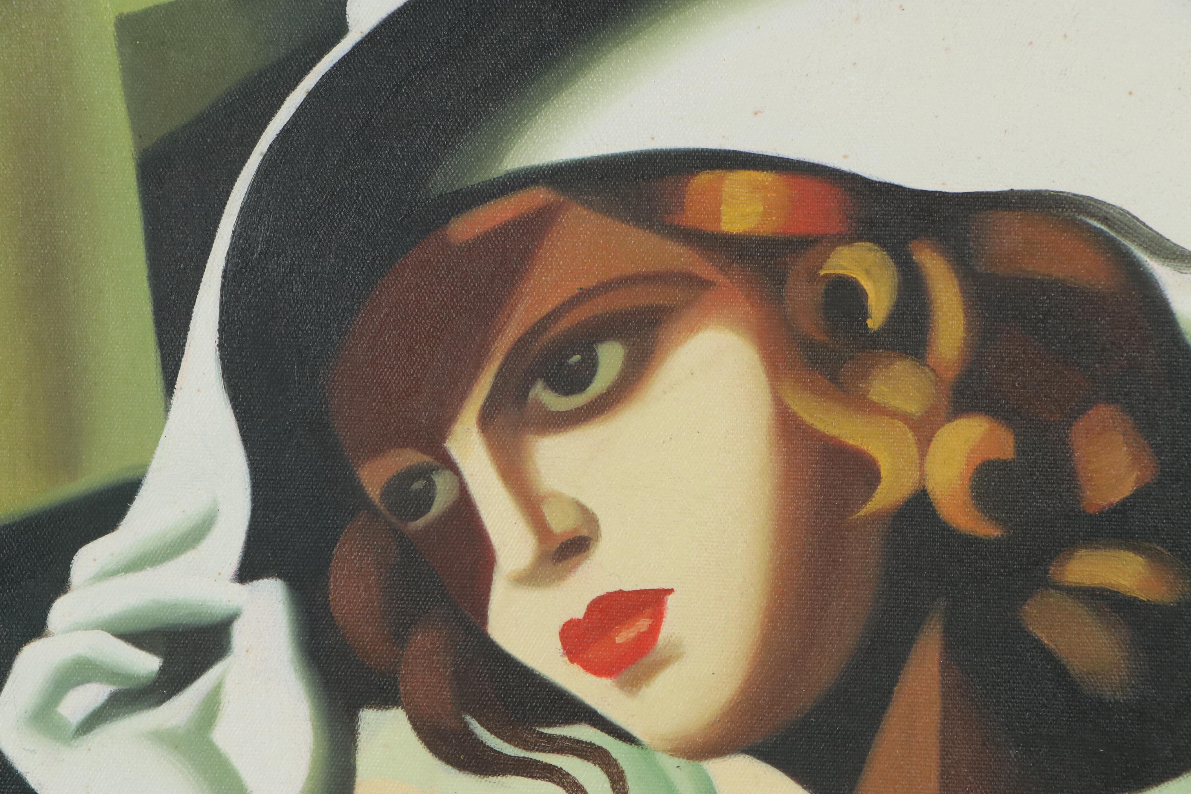 Oil Painting after Tamara de Lempicka of Woman in Green, circa 2000