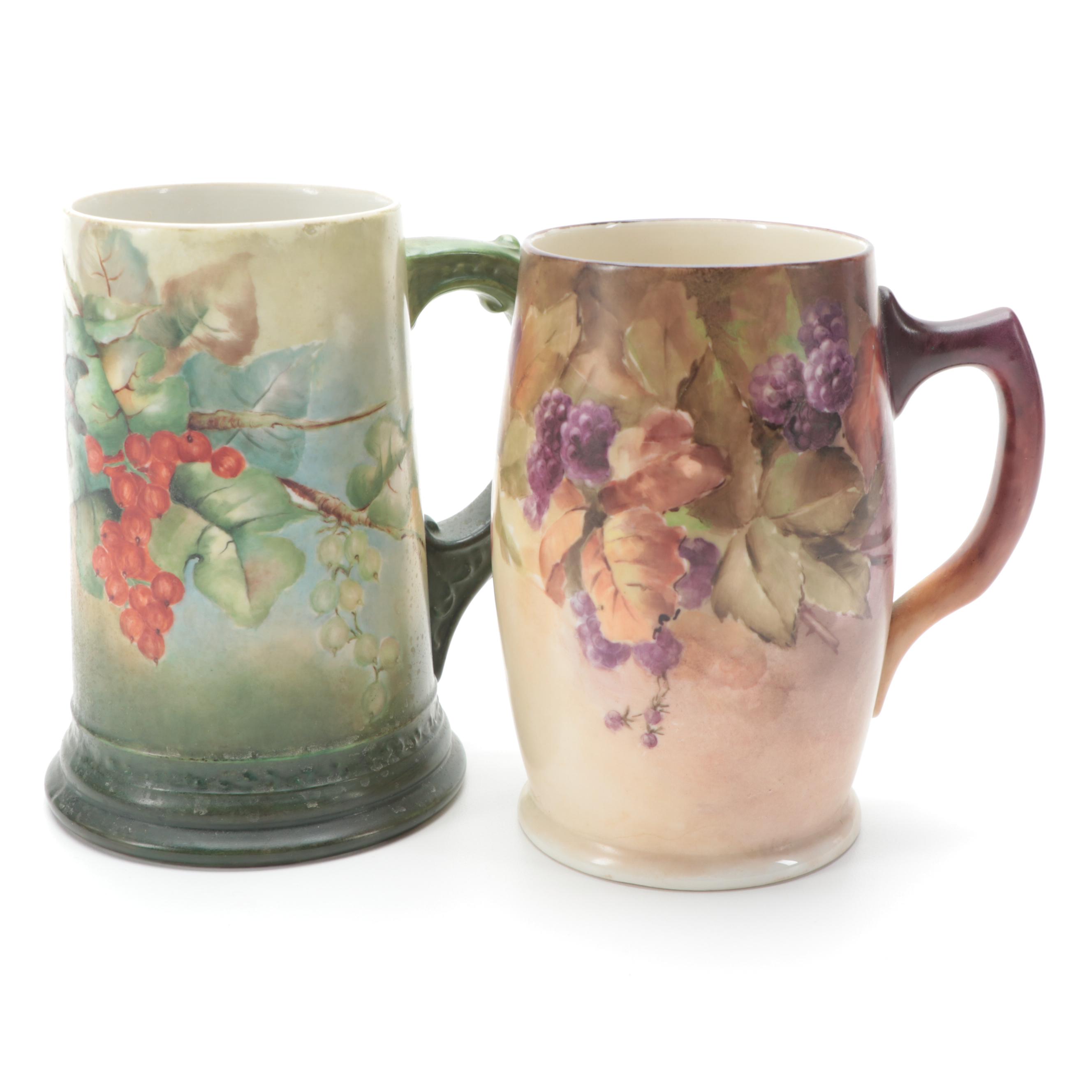 Willets Belleek and Limoges Hand-Painted Tankards, Late 19th/ Early 20th Century