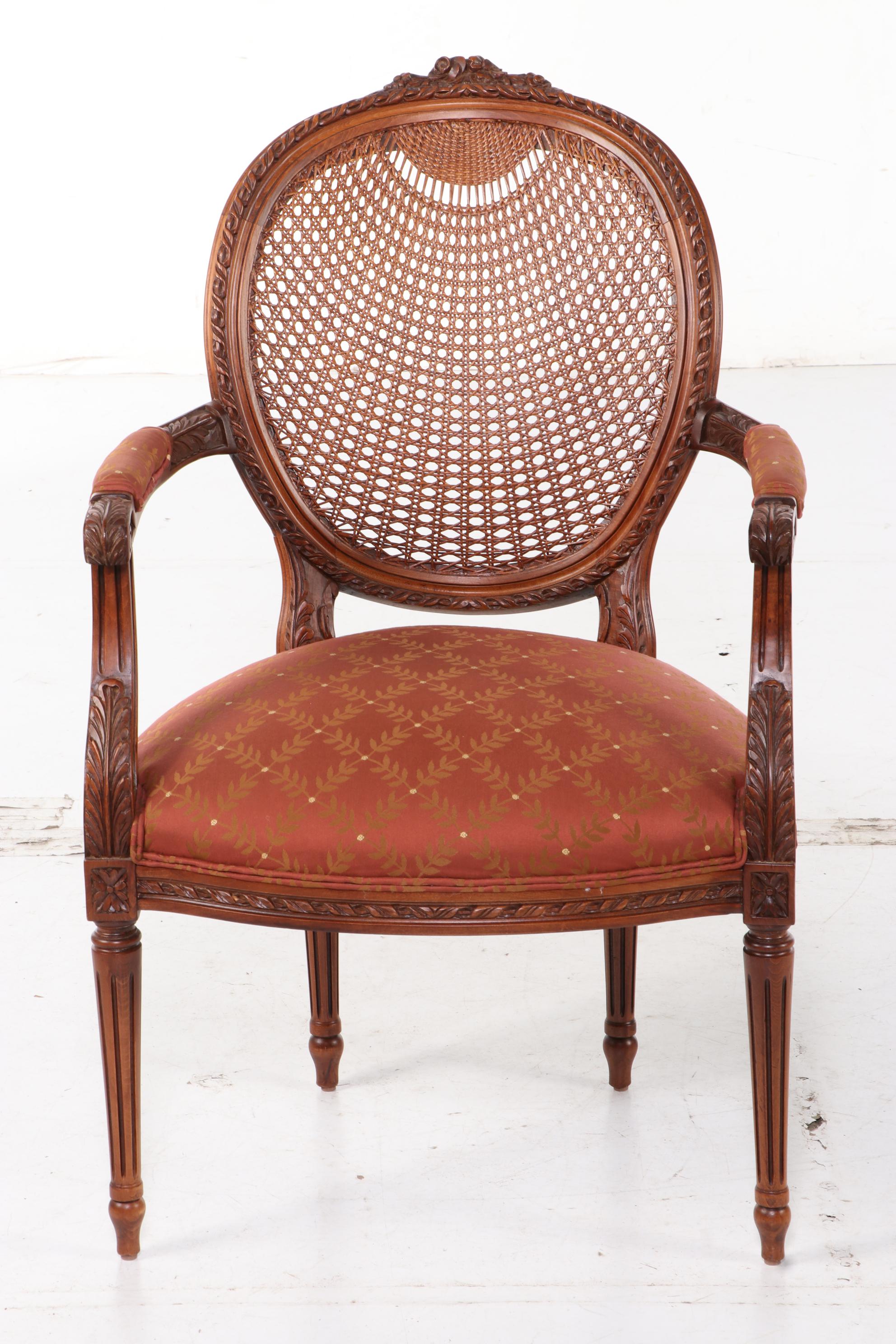 Metz Louis XV Style Walnut Desk with Fairfield Caned-Back Armchair