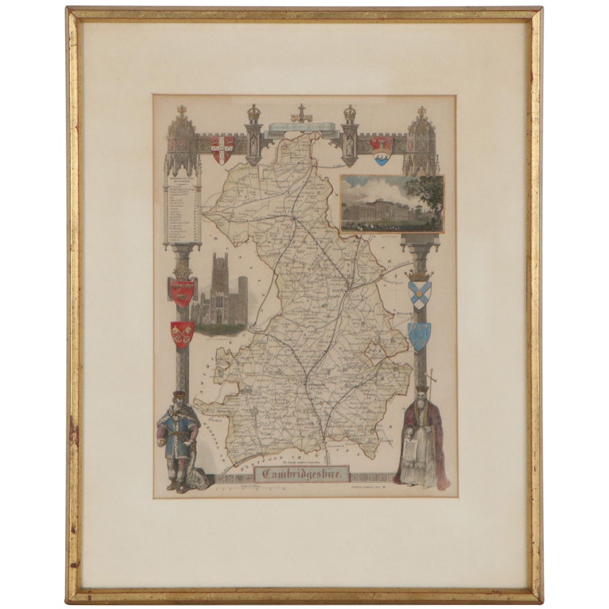 Hand-Colored Etching Map of Cambridgeshire, 20th Century