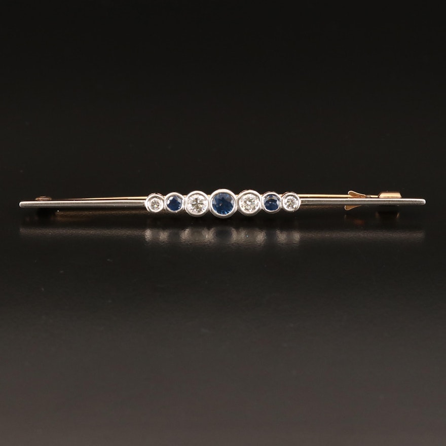 1910 14K and Platinum Sapphire and Diamond Bezel Bar Brooch