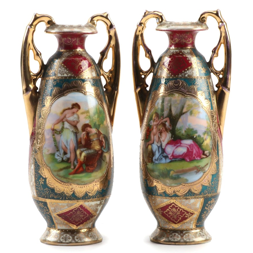 Pair of Ackermann & Fritze  Porcelain Amphora Style Mantel Vases